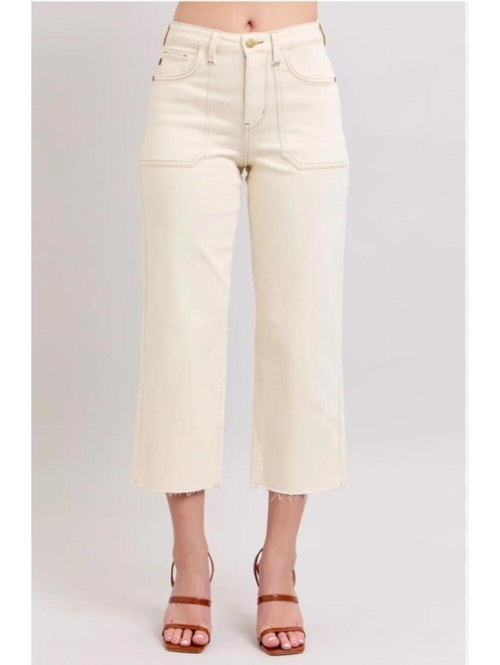 Judy Blue Womens 22W Garment Dyed Cream High Rise Raw Hem Wide Leg Crop Jeans